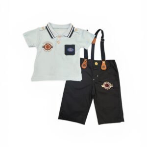 Full front view of CP-1 baby boy sky blue polo shirt and navy suspender shorts set.