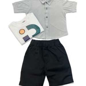 Complete 3-piece boys outfit including grey textured shirt, white t-shirt, and black shorts.
