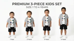 Size chart for CB-2 baby boy 3-piece outfit showing 1 year to 4 years fit on toddlers.