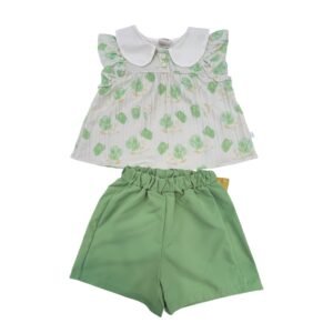 Full set of CG-2 baby girl summer dress Pakistan with polka dot top and denim shorts.