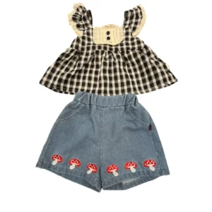 baby-girl-summer-dress-pakistan-cg1 Full view of CG-1 baby girl summer dress Pakistan featuring gingham top and denim shorts.