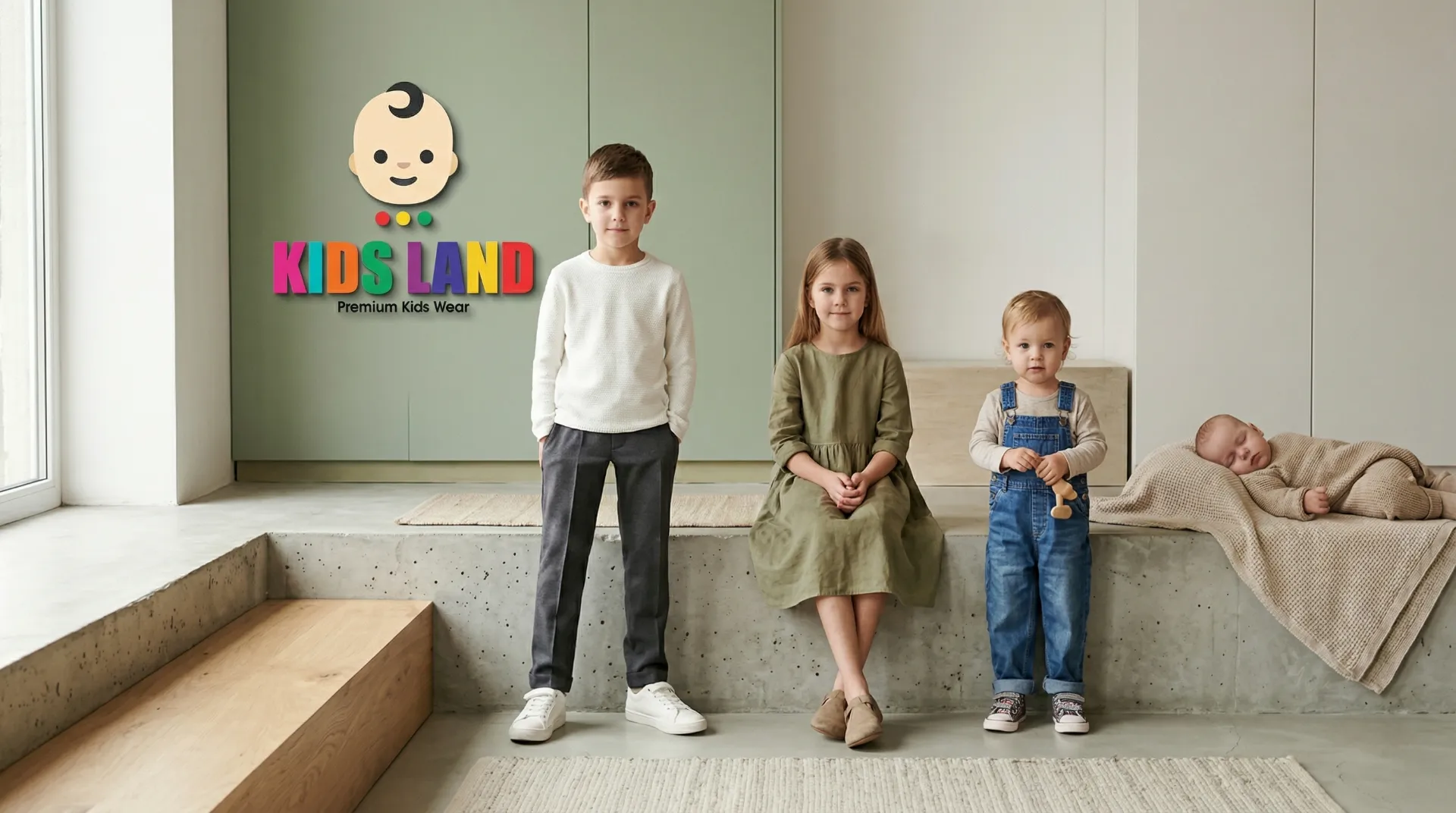 diverse group of children ages newborn to 15 years modeling different styles of kids clothing on a minimalist stage representing the complete age range of kids land pk