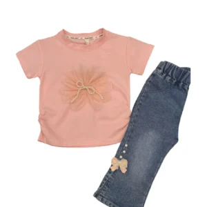 CG-3 Baby girl summer clothes Pakistan yellow floral top and denim shorts set.