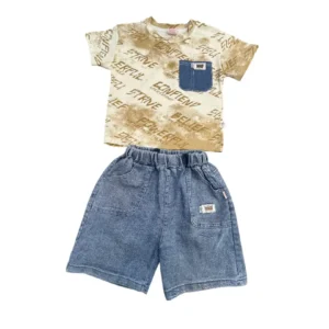 Full 2-piece boys summer outfits Pakistan set featuring white graphic shirt and navy shorts.