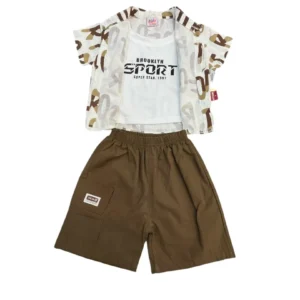 CS-3 Boys 3-piece set with alphabet shirt, Brooklyn Sport tee, and brown cargo shorts.