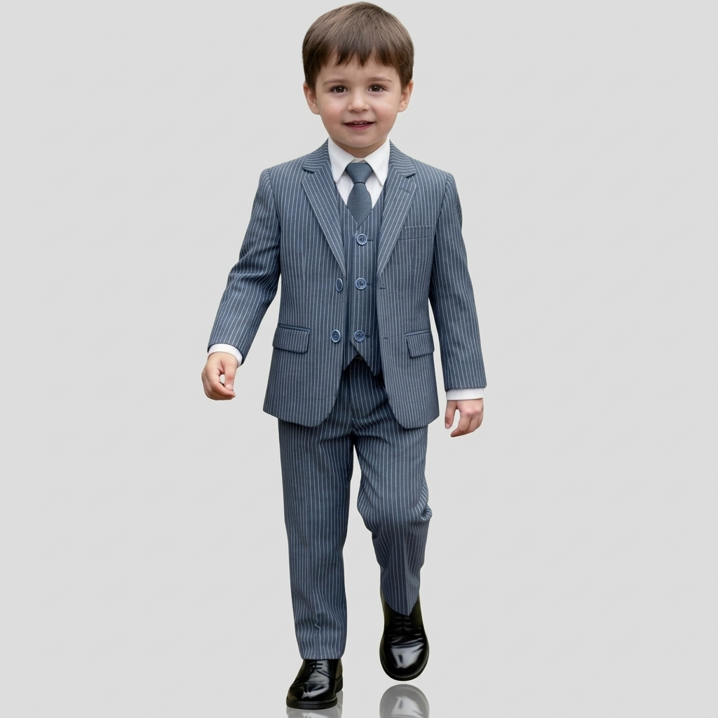 Boys' 3-Piece Grey Pinstripe Suit Set with Black Shirt & Tie - Image 3