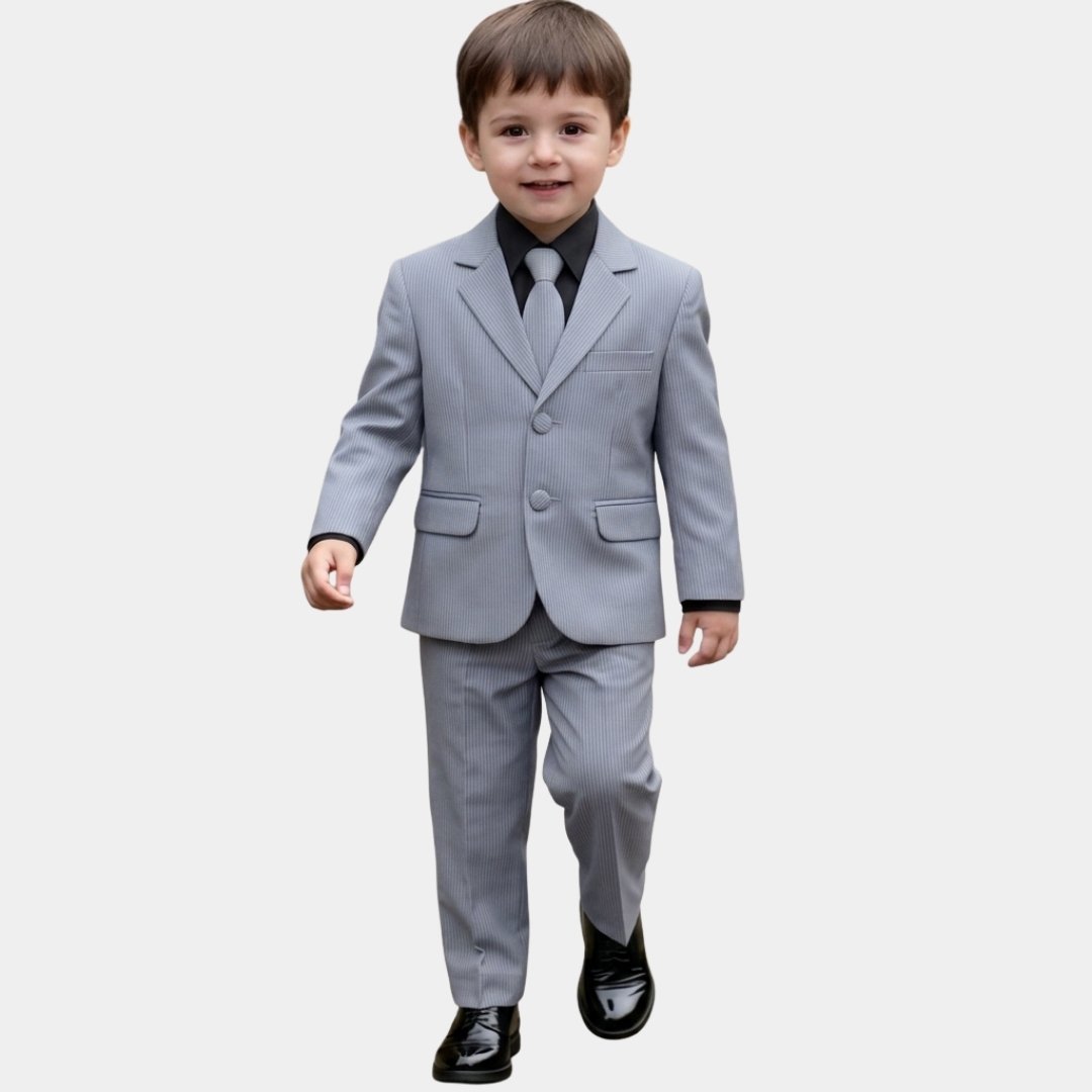 Boys' 3-Piece Grey Pinstripe Suit Set with Black Shirt & Tie